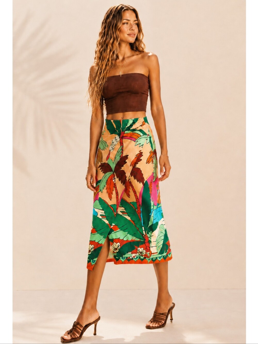 Farm Rio Printed Sarong Skirt Tropical Palm Print Faux Wrap Jersey Knit Midi M
